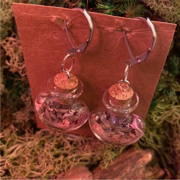Earrings handmade Bottle Heart Love Herbal 
Rose Amethyst Salt Lavender witchy - Picture 6 of 10